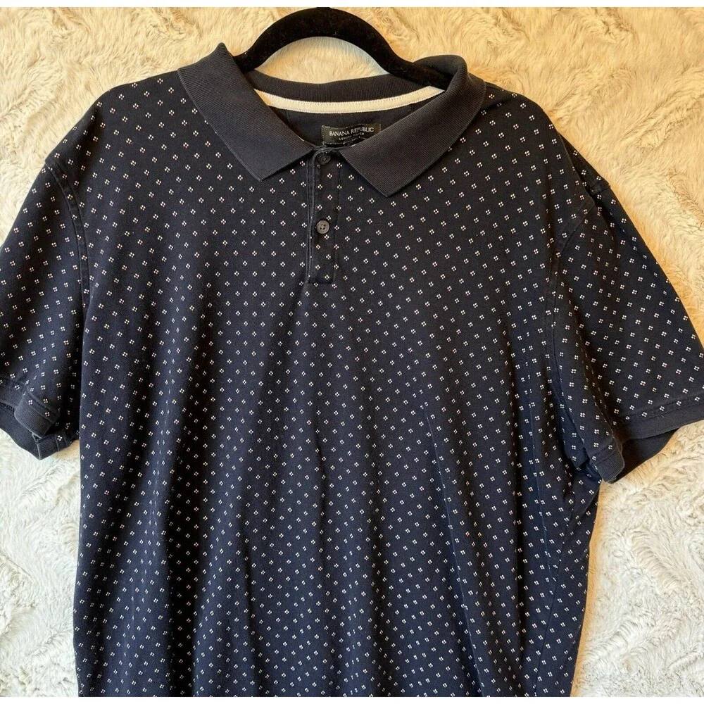 Banana Republic Polo Shirt Men's XXL Blue‎ Dotted 100% Cotton Luxury Touch Soft